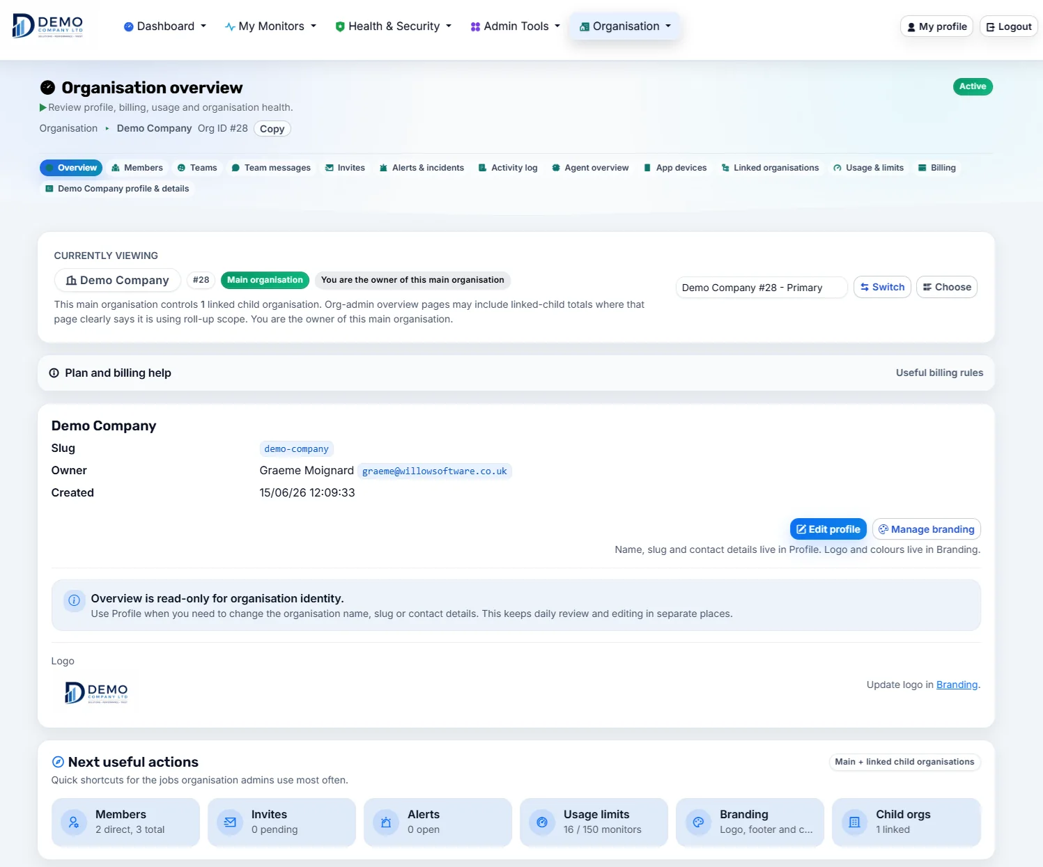 Organisation overview page