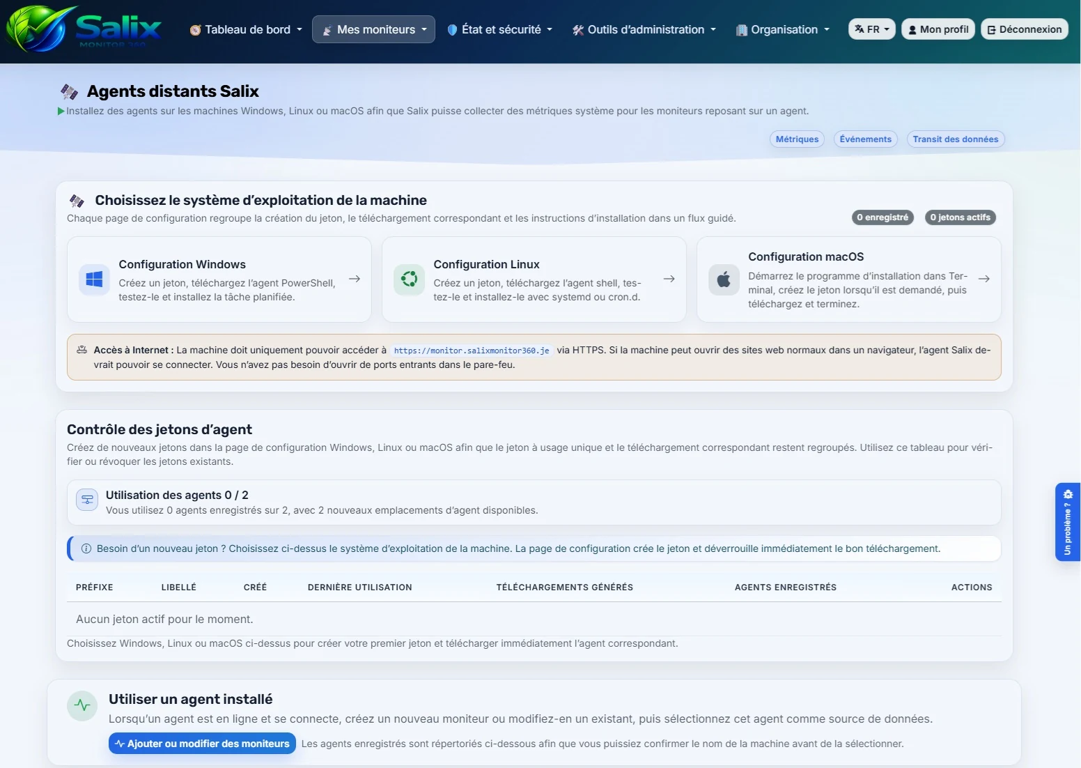 Page des agents dans Salix Monitor 360