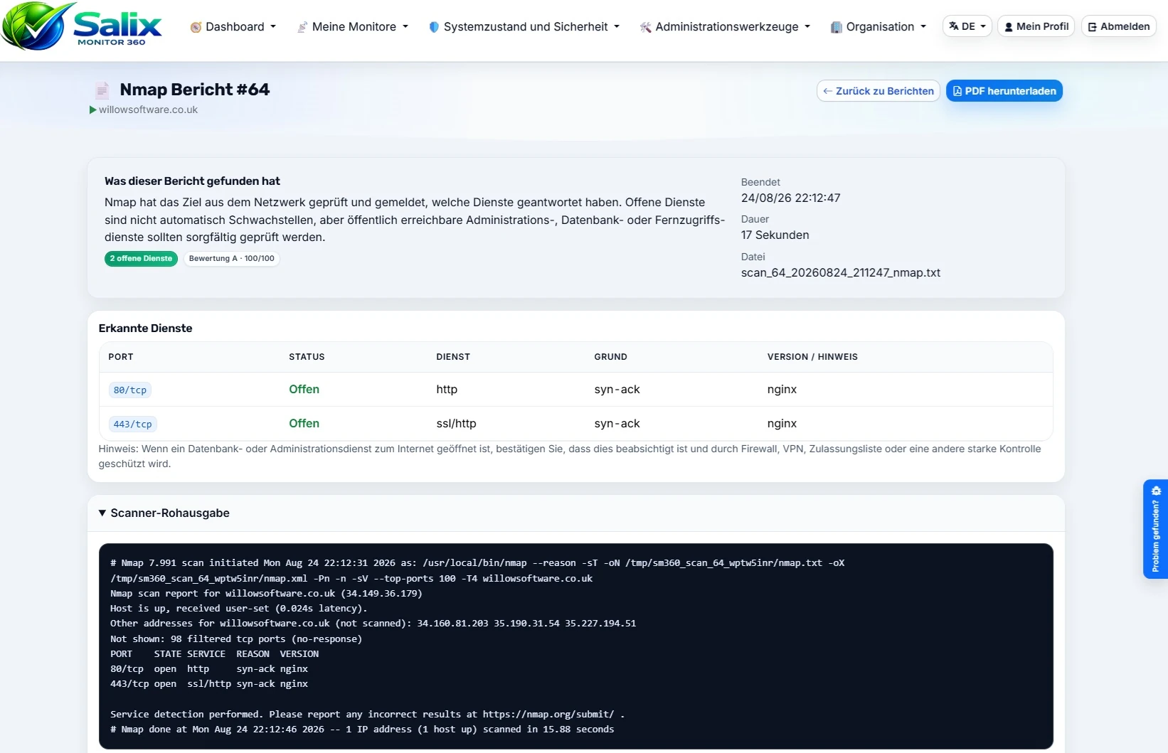 Salix Monitor 360 Nmap-Schwachstellenscanbericht mit Host-Befunden und Rohausgabe