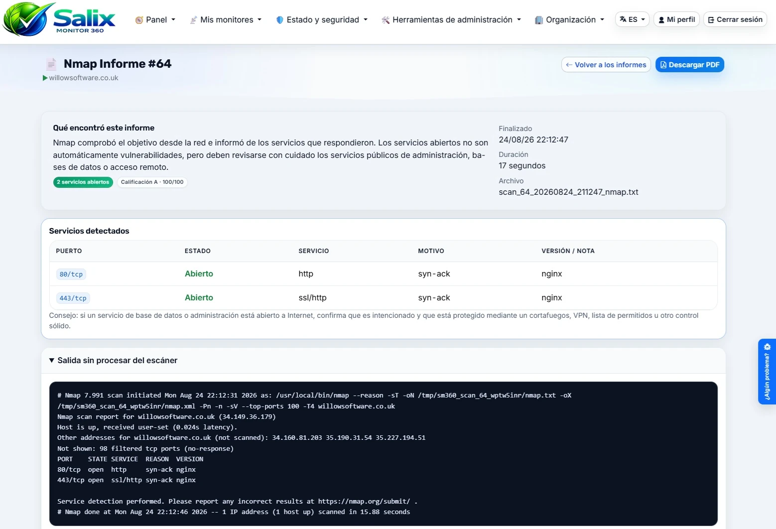 Informe de análisis de vulnerabilidades Nmap de Salix Monitor 360 con hallazgos por host y resultados sin procesar