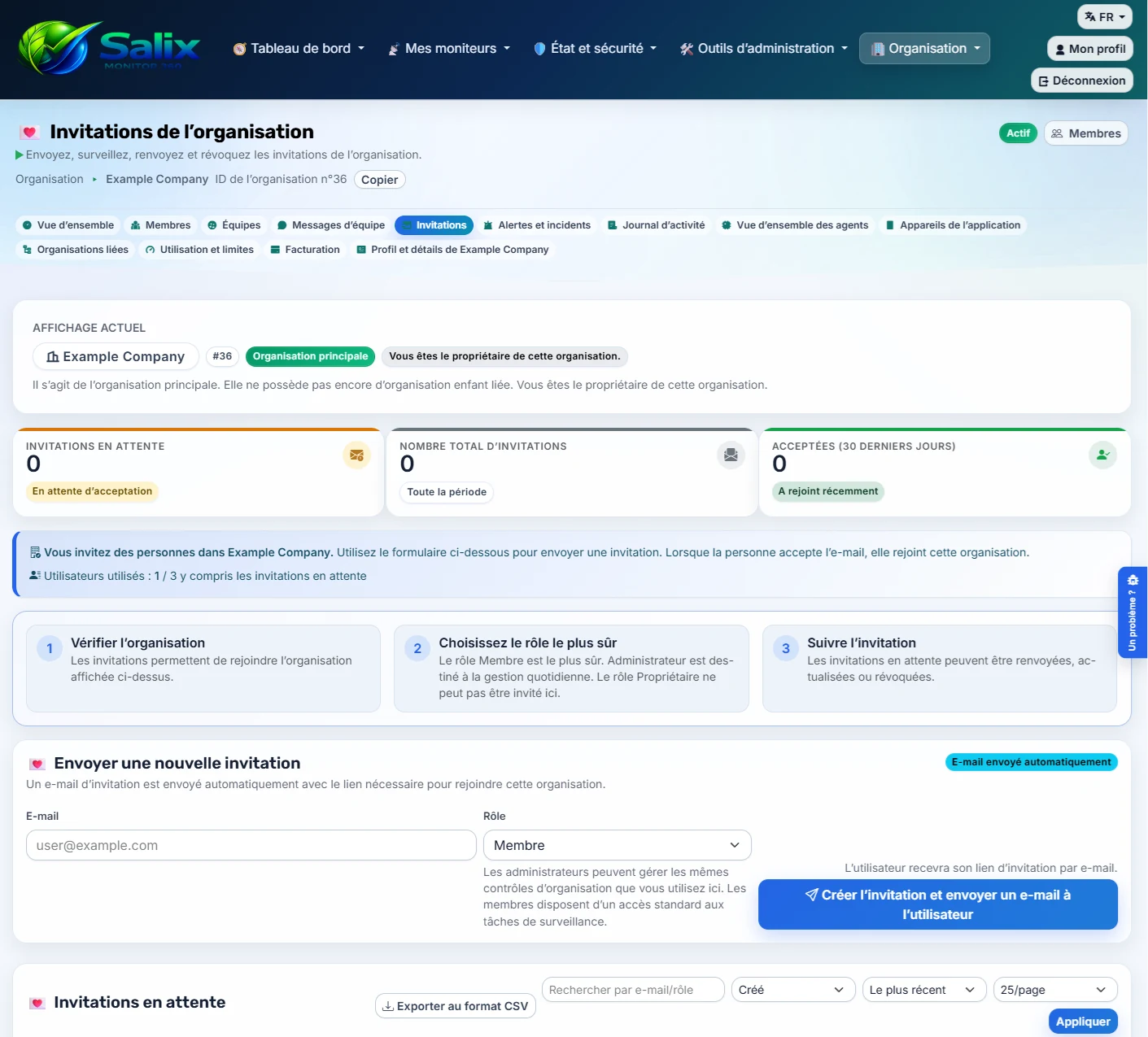Página de invitaciones de organización de Salix Monitor 360 mostrada en francés
