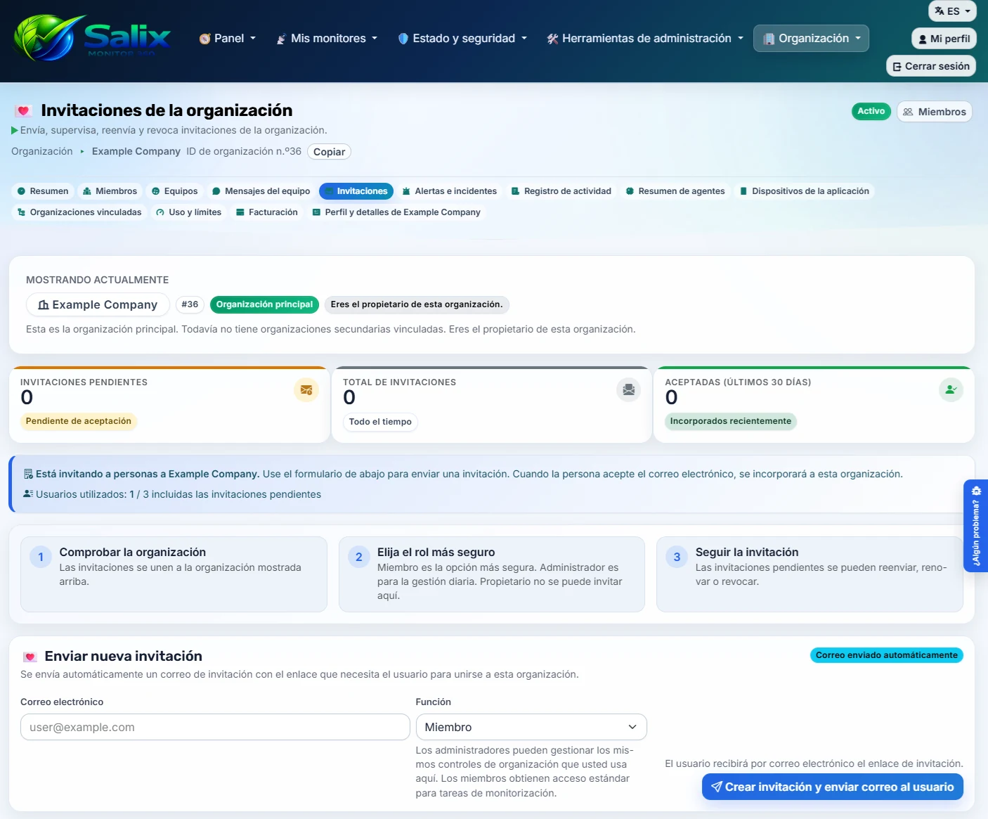 Página de invitaciones de organización de Salix Monitor 360 mostrada en español