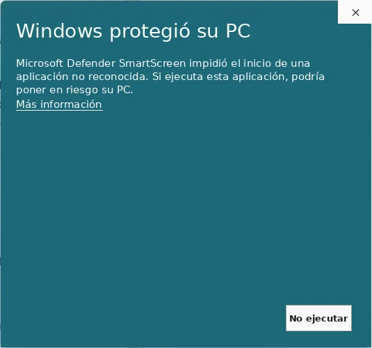 Aviso de Windows SmartScreen. Haz clic en Más información para continuar.