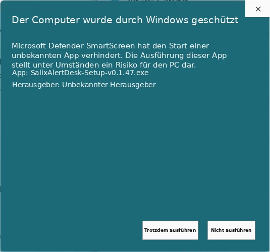 Windows-SmartScreen-Schaltfläche Trotzdem ausführen für Salix Alert Desk.