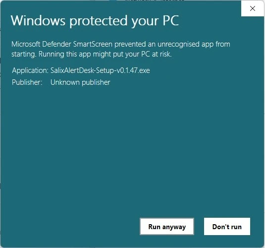 Windows SmartScreen Run anyway button for Salix Alert Desk.