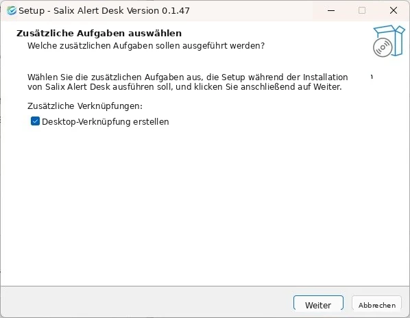 Verknüpfungsoptionen der Salix Alert Desk Einrichtung. Klicken Sie auf Weiter.