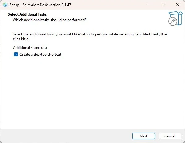 Salix Alert Desk setup shortcut options. Click Next.