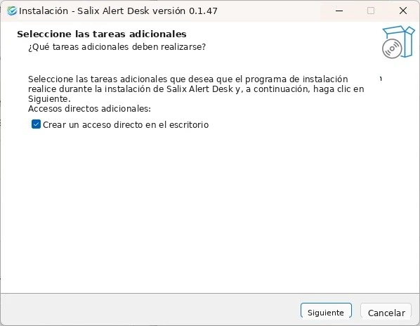 Opciones de acceso directo de la instalación de Salix Alert Desk. Haz clic en Siguiente.