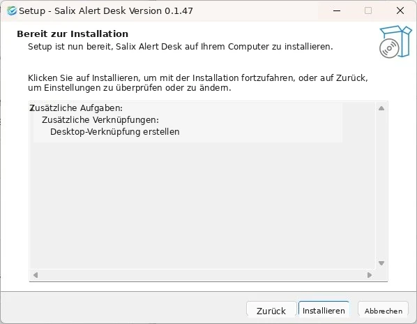 Salix Alert Desk ist installationsbereit. Klicken Sie auf Installieren.