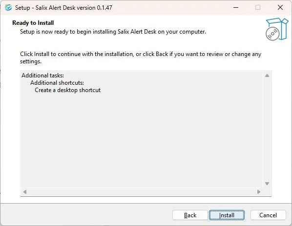 Salix Alert Desk setup ready to install screen. Click Install.