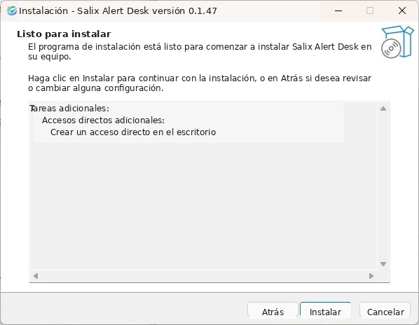 Pantalla de Salix Alert Desk lista para instalar. Haz clic en Instalar.