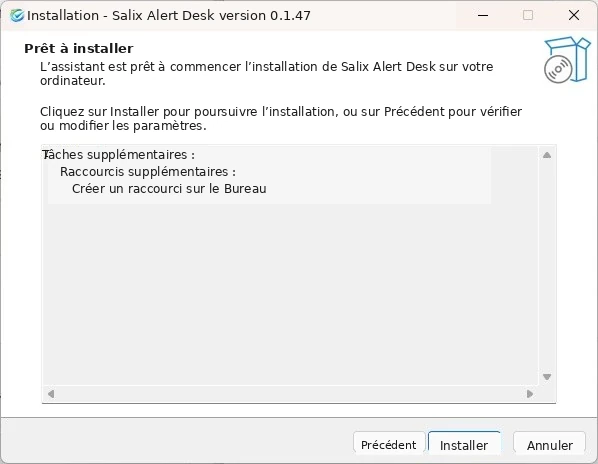 Écran Salix Alert Desk prêt pour l’installation. Cliquez sur Installer.